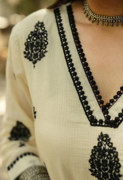 Cream Cotton 60x60 Embroidered Kurti Pant Dupatta Set with Lace Work