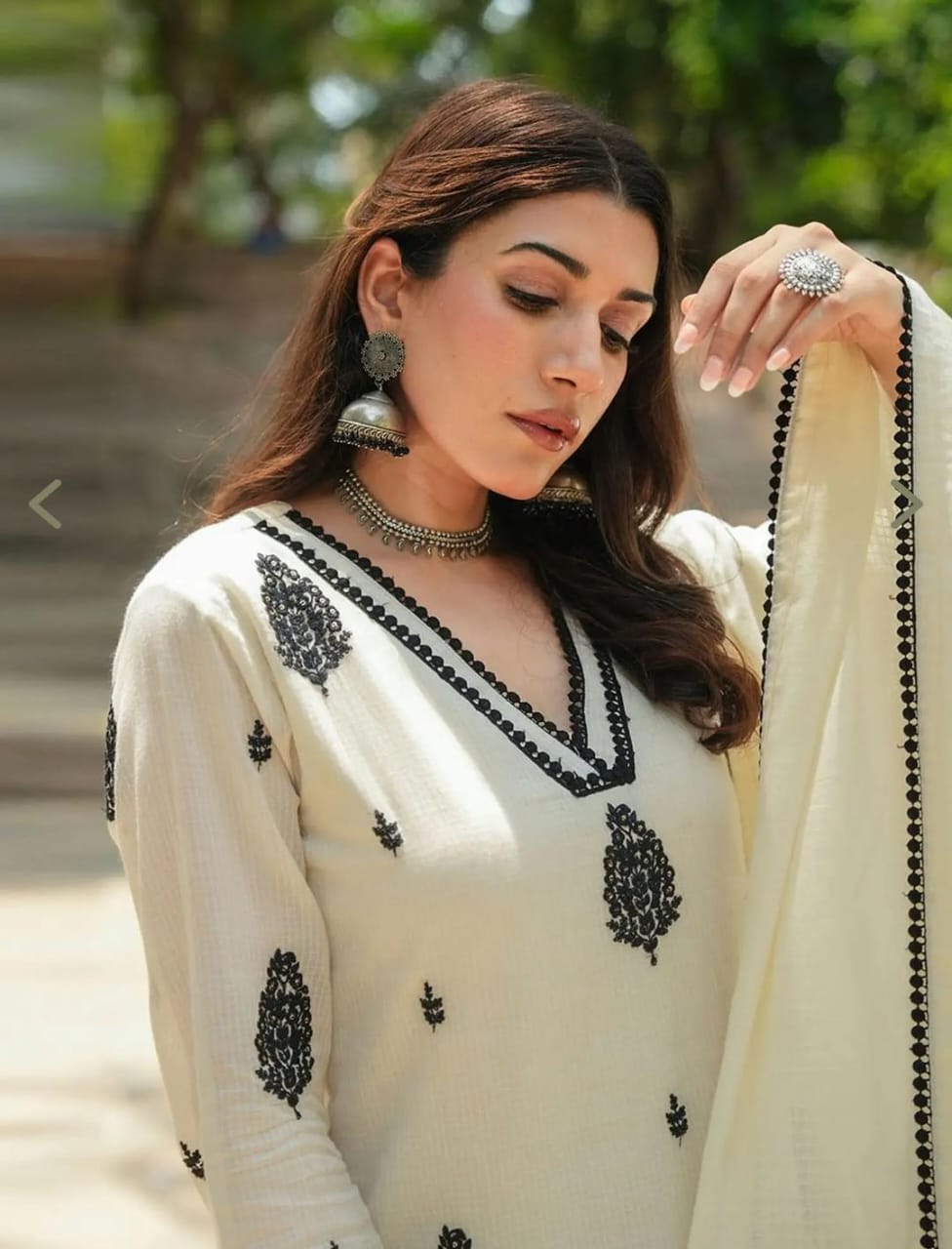 Cream Cotton 60x60 Embroidered Kurti Pant Dupatta Set with Lace Work