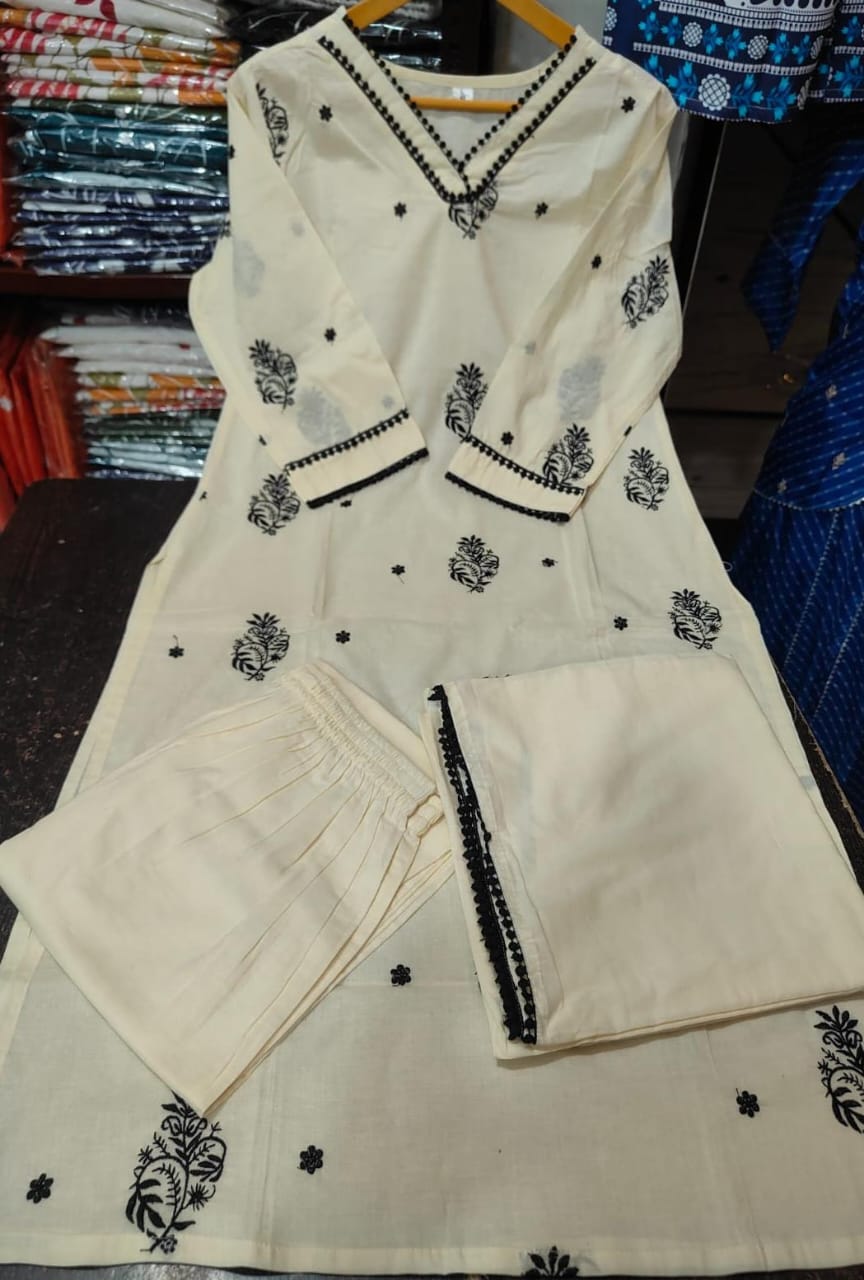 Cream Cotton 60x60 Embroidered Kurti Pant Dupatta Set with Lace Work