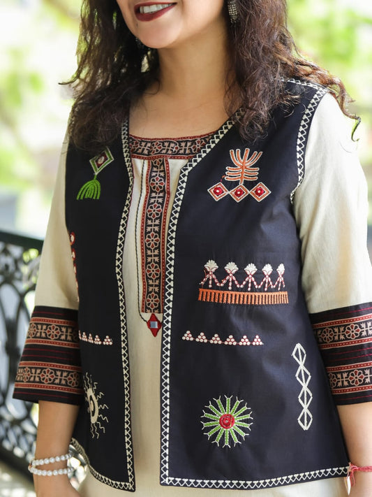 Cream Kurti Pant & Black Embroidered Cotton Jacket | 3-Piece Set