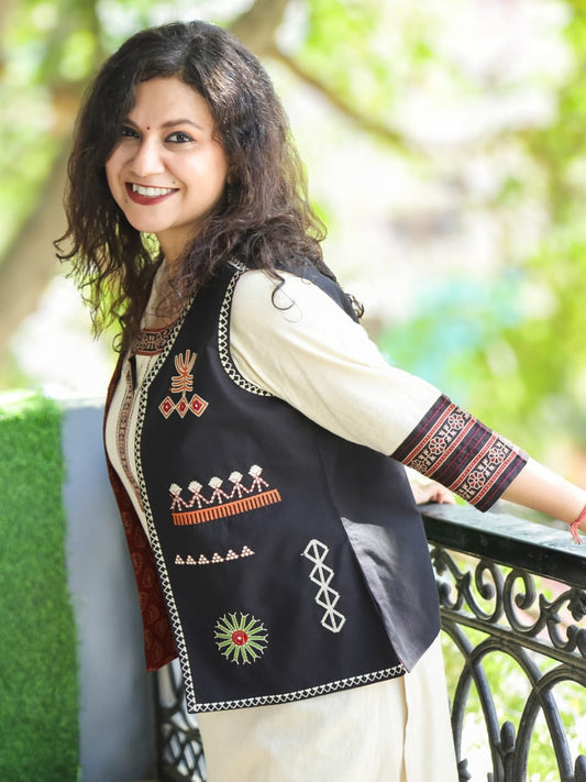 Cream Kurti Pant & Black Embroidered Cotton Jacket | 3-Piece Set