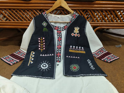 Cream Kurti Pant & Black Embroidered Cotton Jacket | 3-Piece Set