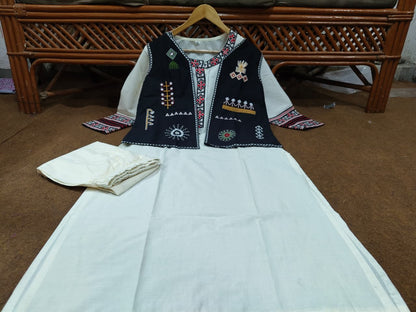 Cream Kurti Pant & Black Embroidered Cotton Jacket | 3-Piece Set