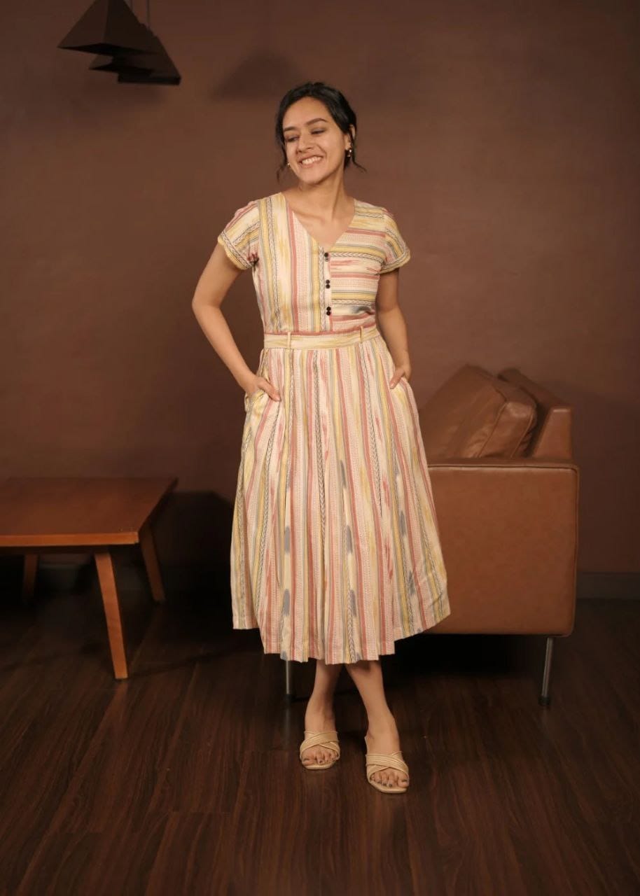 Cream & Multicolour Striped Cotton A-Line Dress with Tie Waist & Pockets
