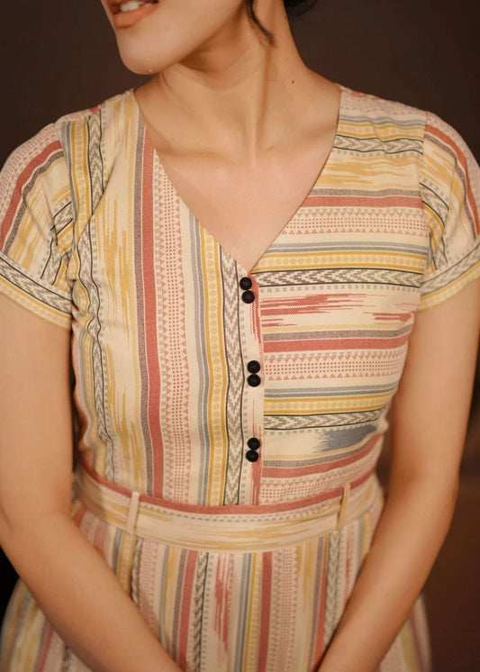 Cream & Multicolour Striped Cotton A-Line Dress with Tie Waist & Pockets