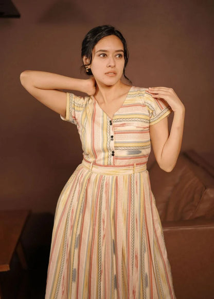Cream & Multicolour Striped Cotton A-Line Dress with Tie Waist & Pockets
