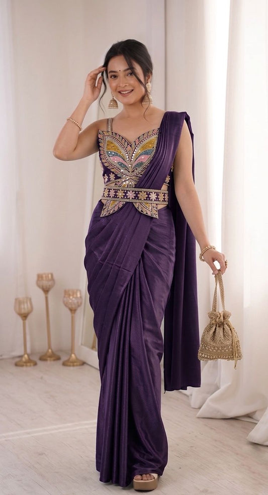 Embroidery Sequence Work Crepe Saree with Ready-to-Wear Belt and Banglori Blouse