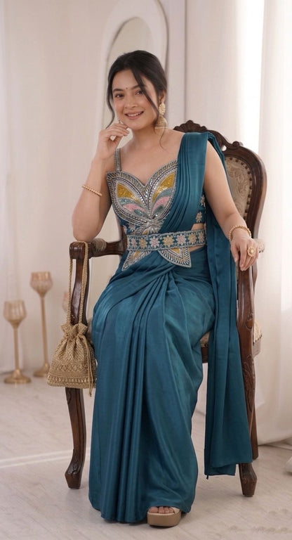 Embroidery Sequence Work Crepe Saree with Ready-to-Wear Belt and Banglori Blouse