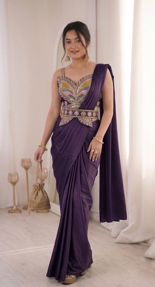 Embroidery Sequence Work Crepe Saree with Ready-to-Wear Belt and Banglori Blouse