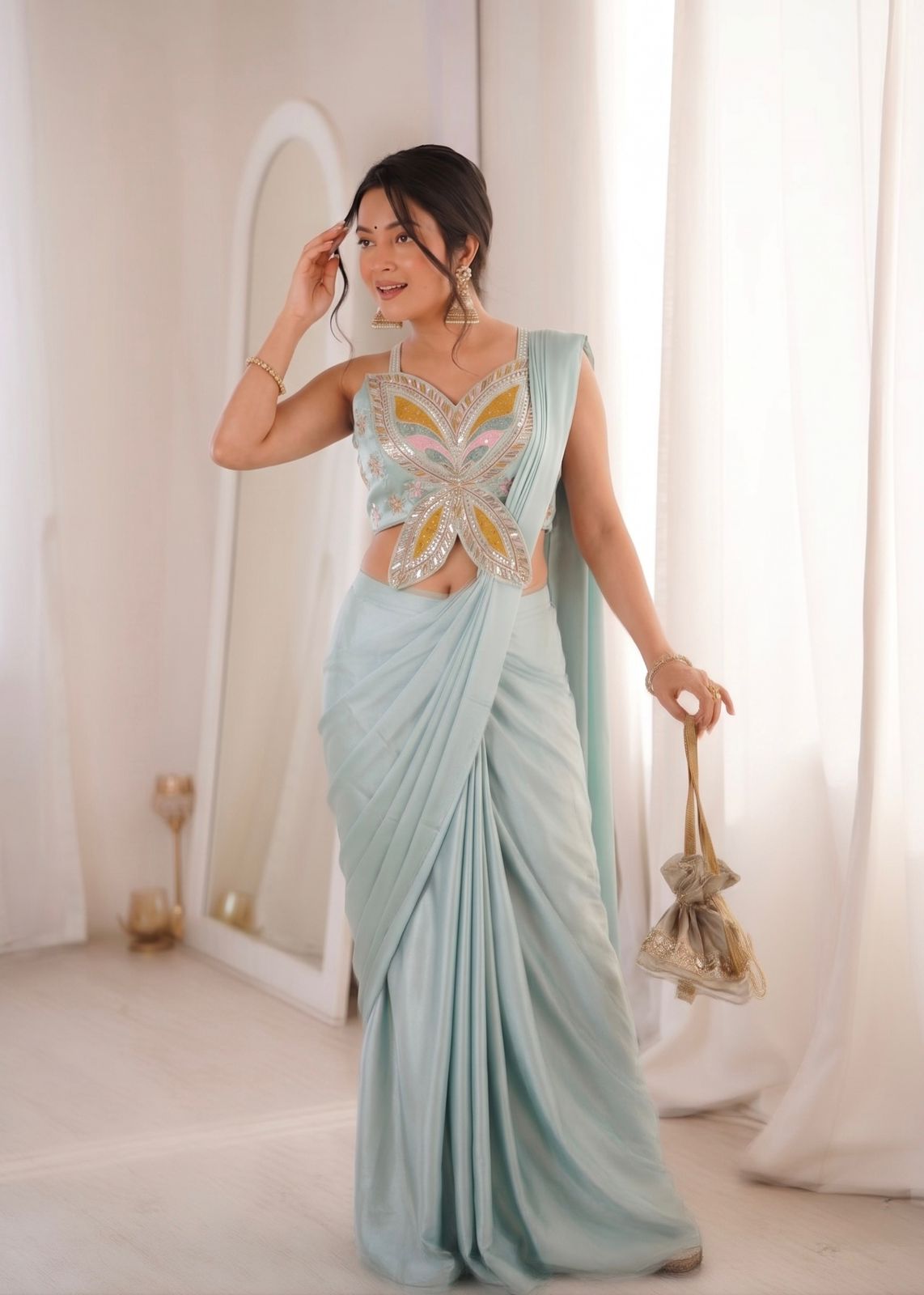 Embroidery Sequence Work Crepe Saree with Ready-to-Wear Belt and Banglori Blouse