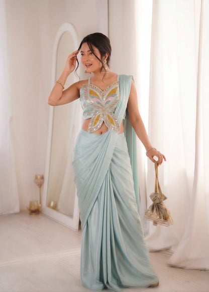 Embroidery Sequence Work Crepe Saree with Ready-to-Wear Belt and Banglori Blouse