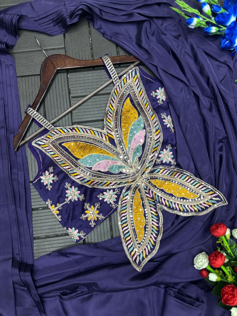 Embroidery Sequence Work Crepe Saree with Ready-to-Wear Belt and Banglori Blouse