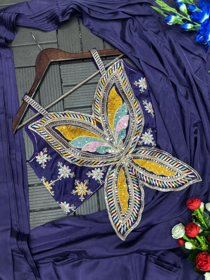 Embroidery Sequence Work Crepe Saree with Ready-to-Wear Belt and Banglori Blouse