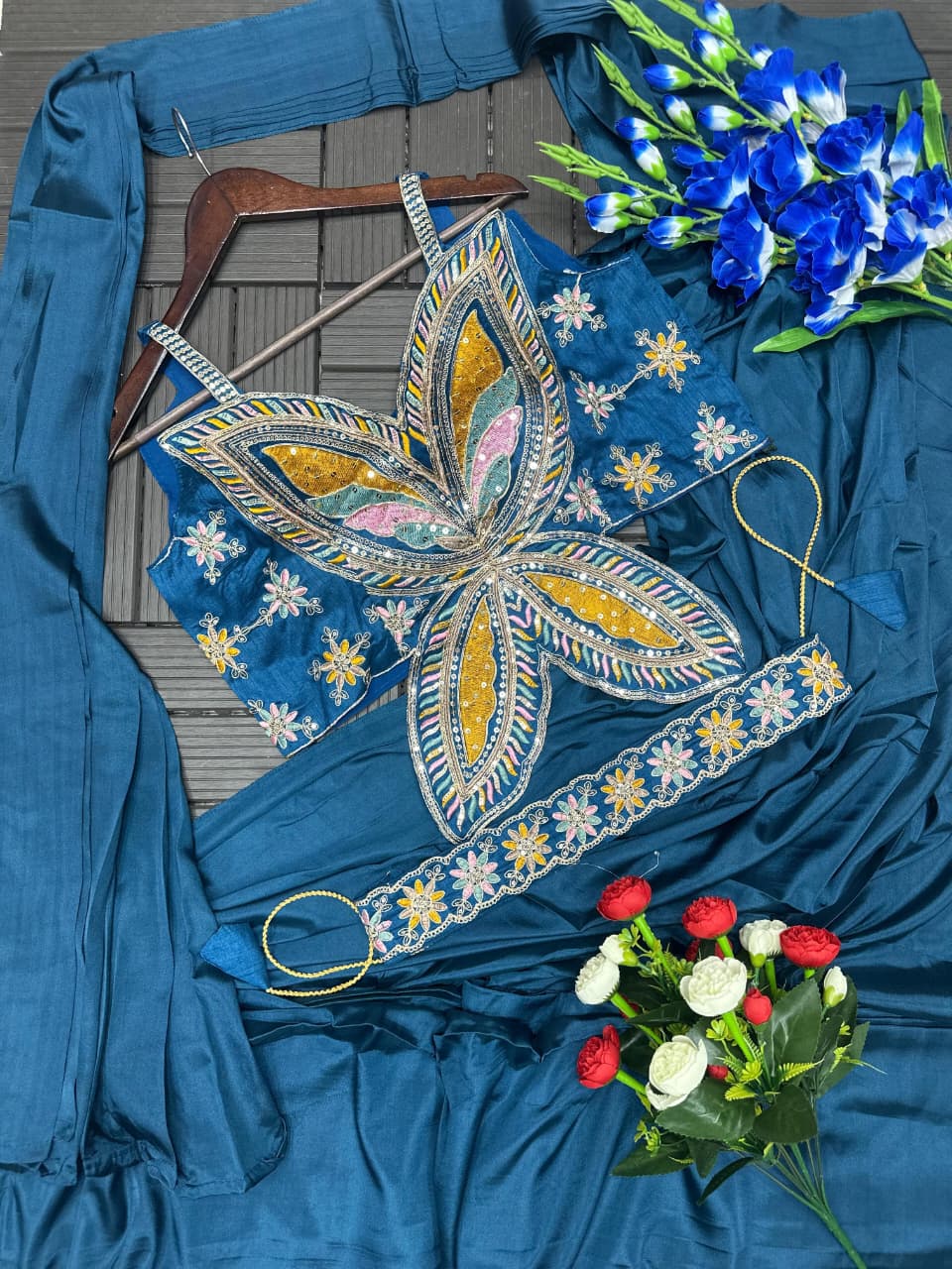 Embroidery Sequence Work Crepe Saree with Ready-to-Wear Belt and Banglori Blouse