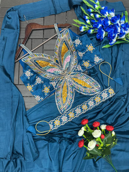 Embroidery Sequence Work Crepe Saree with Ready-to-Wear Belt and Banglori Blouse