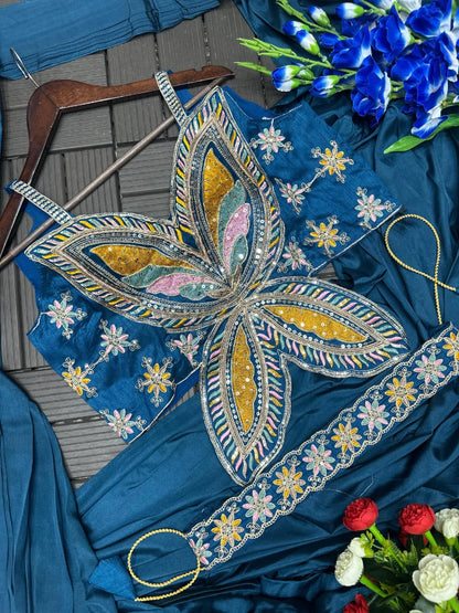 Embroidery Sequence Work Crepe Saree with Ready-to-Wear Belt and Banglori Blouse