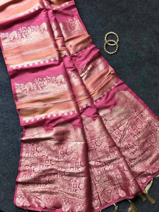 Crepe Silk Weaving Paithani Saree with Golden Zari Border & Woven Pallu