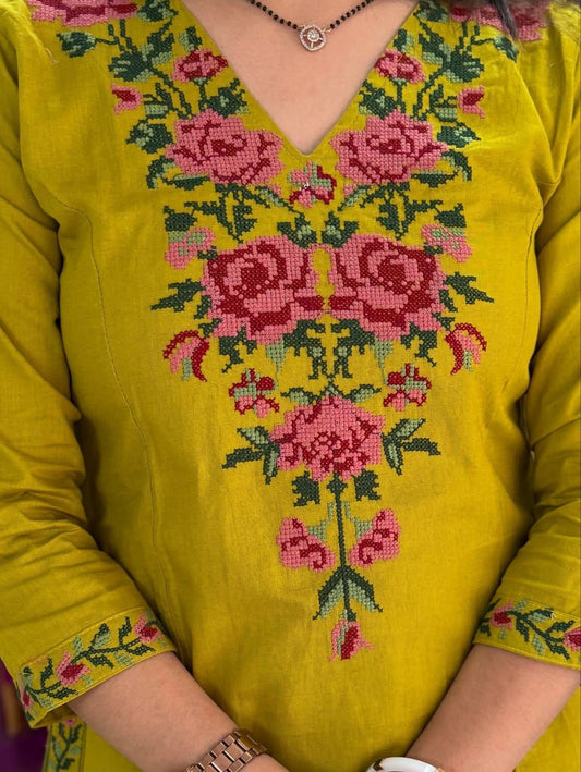 Cross Stitch Embroidered Cotton Co-Ord Set with Pockets