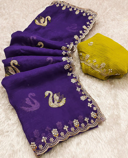 Crunchy Chiffon Peacock Embroidered Saree with Moti & Diamond Work on Border