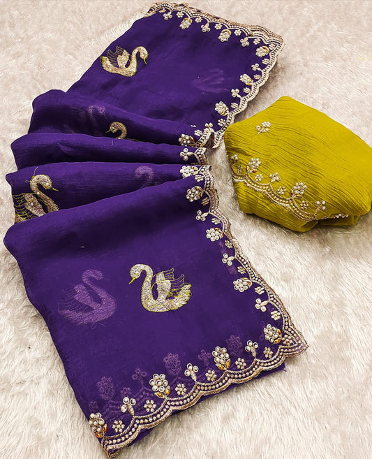 Crunchy Chiffon Peacock Embroidered Saree with Moti & Diamond Work on Border