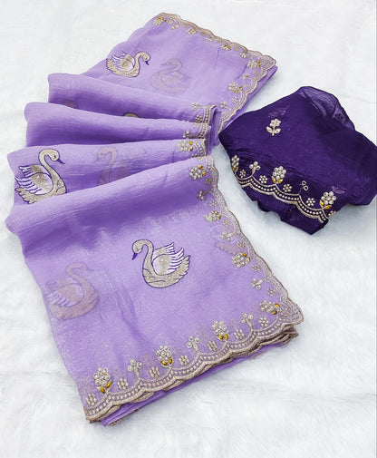Crunchy Chiffon Peacock Embroidered Saree with Moti & Diamond Work on Border
