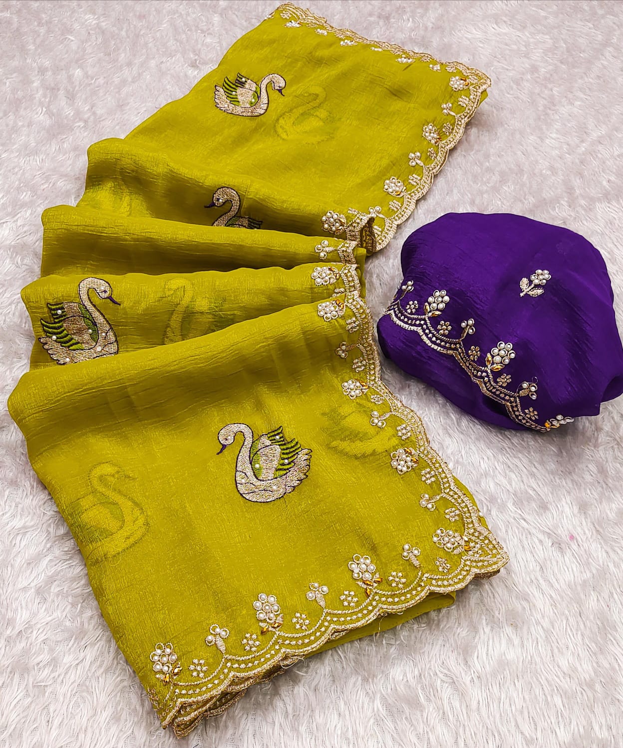 Crunchy Chiffon Peacock Embroidered Saree with Moti & Diamond Work on Border