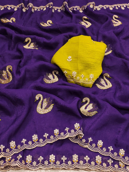 Crunchy Chiffon Peacock Embroidered Saree with Moti & Diamond Work on Border