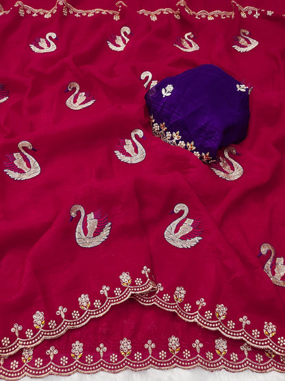 Crunchy Chiffon Peacock Embroidered Saree with Moti & Diamond Work on Border