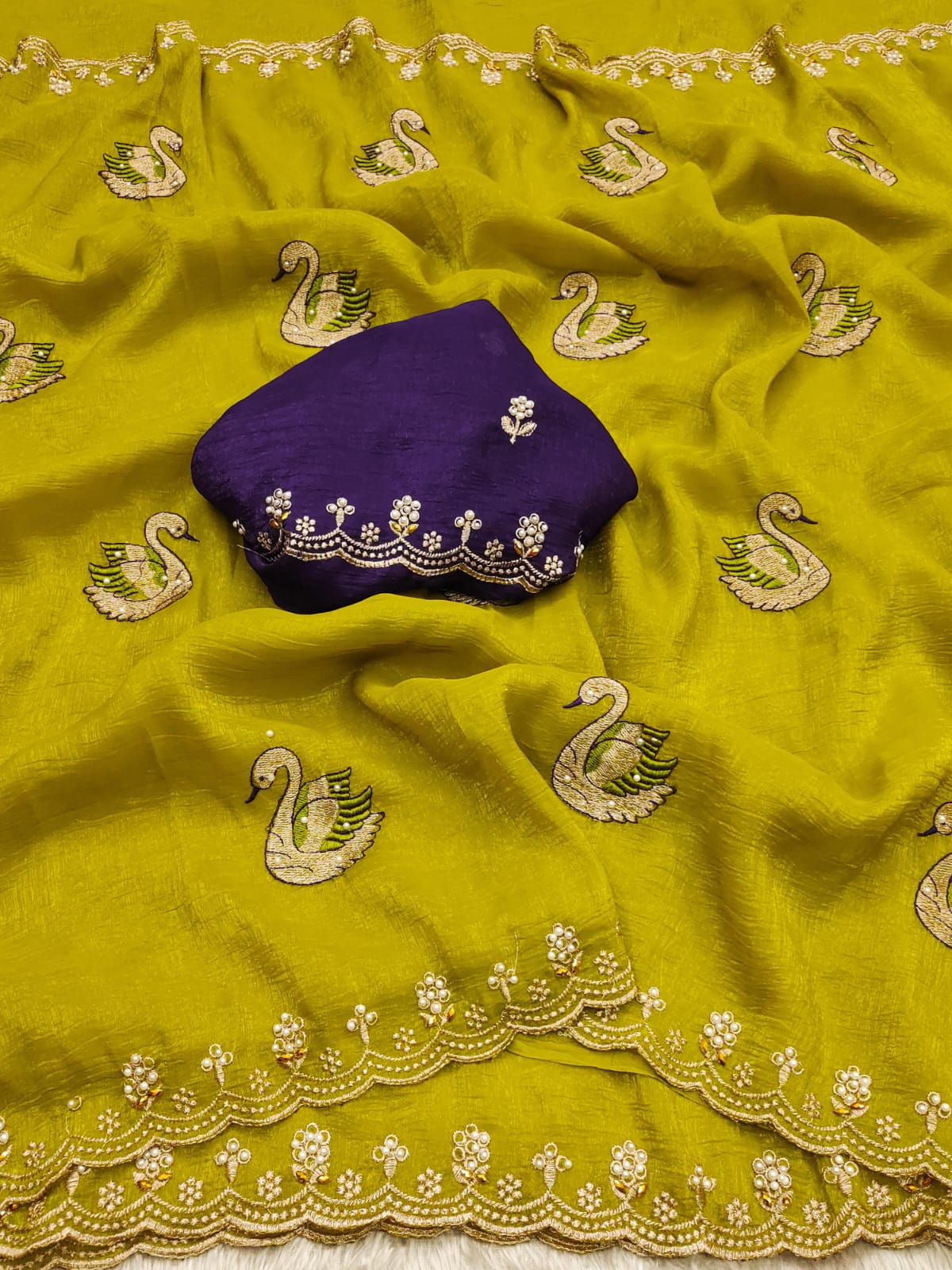 Crunchy Chiffon Peacock Embroidered Saree with Moti & Diamond Work on Border