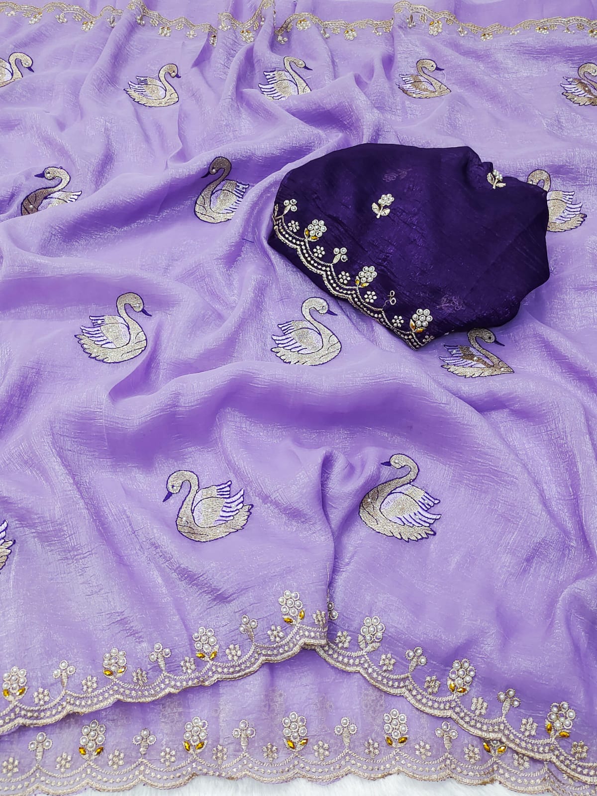 Crunchy Chiffon Peacock Embroidered Saree with Moti & Diamond Work on Border