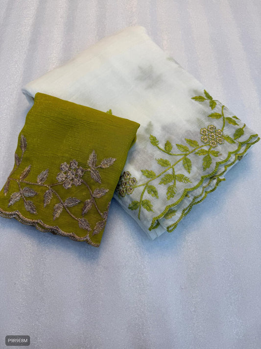 Crunchy Saree with Embroidery Work & Rangoli Blouse