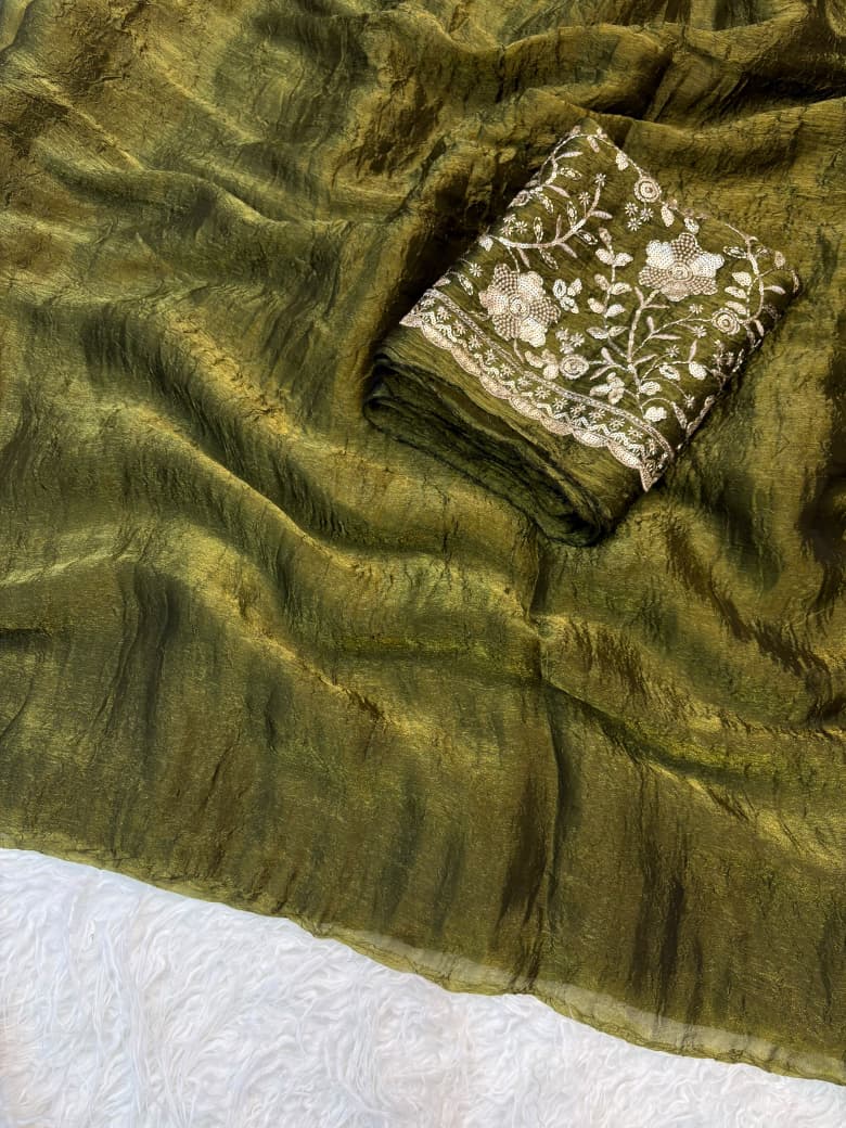Crush Salsa Fabric Saree with Beaded Work Blouse