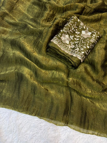 Crush Salsa Fabric Saree with Beaded Work Blouse