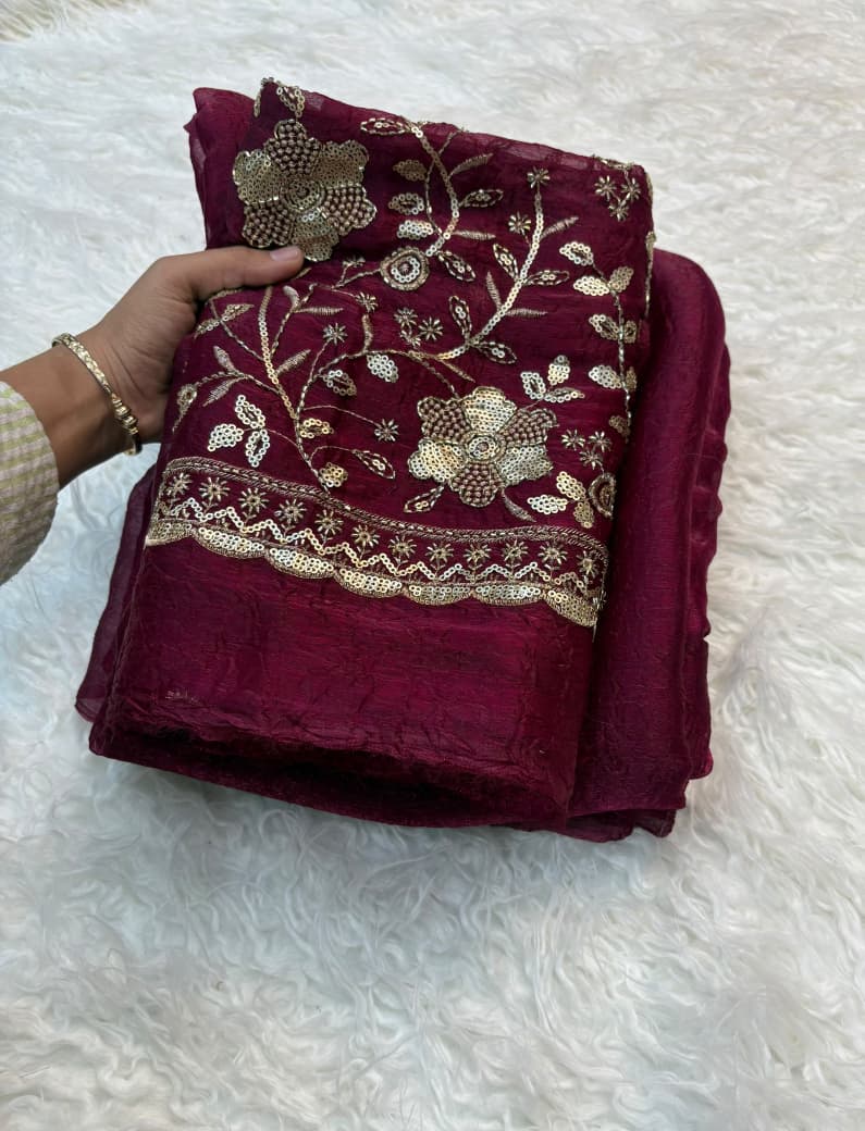 Crush Salsa Fabric Saree with Beaded Work Blouse