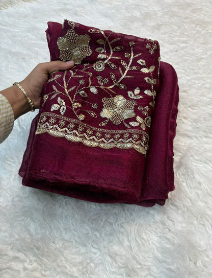 Crush Salsa Fabric Saree with Beaded Work Blouse
