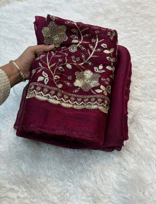 Crush Salsa Fabric Saree with Beaded Work Blouse