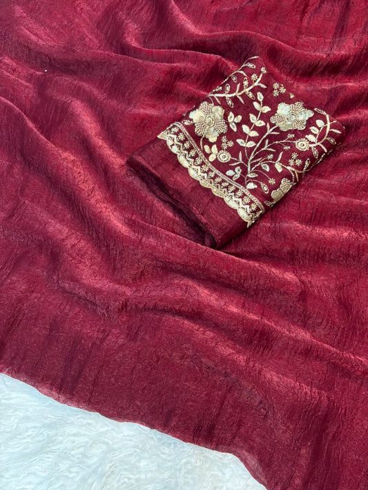 Crush Salsa Fabric Saree with Beaded Work Blouse