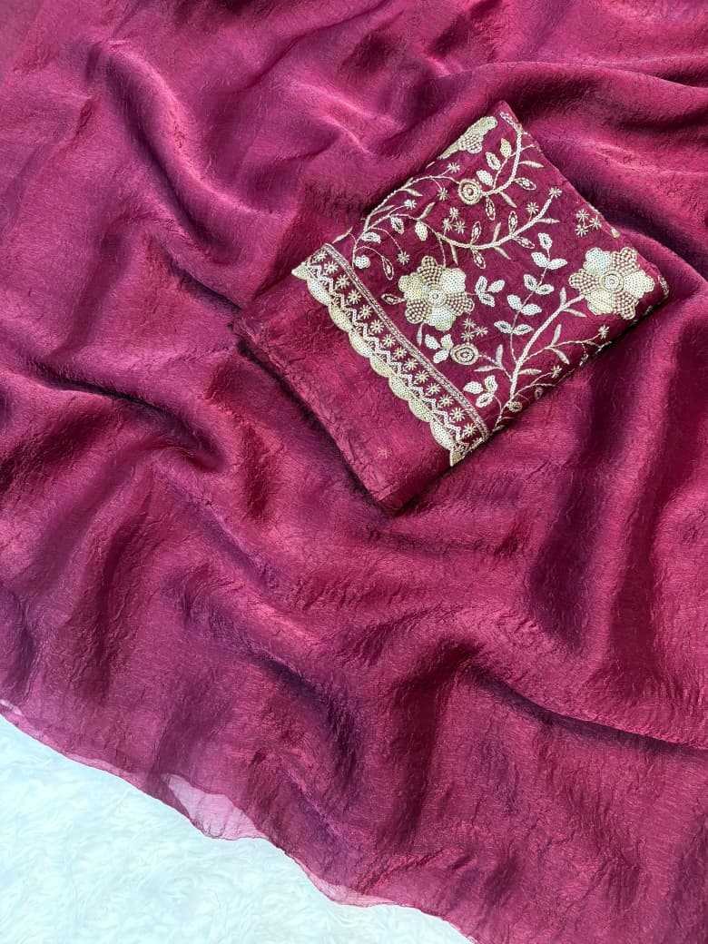Crush Salsa Fabric Saree with Beaded Work Blouse