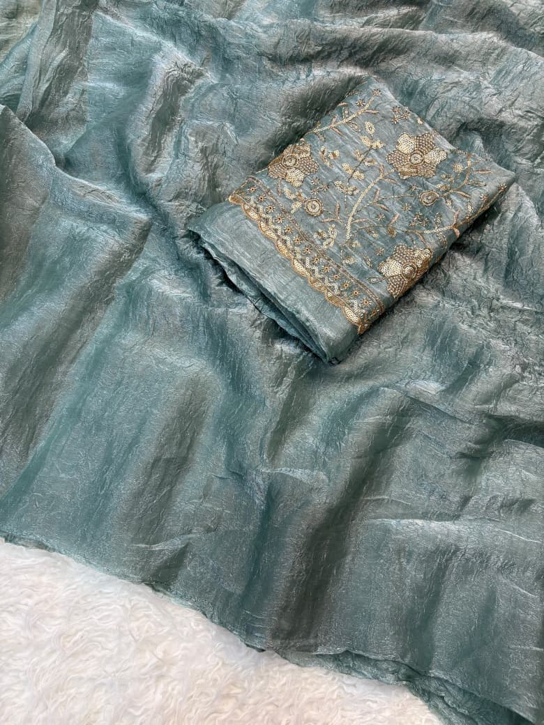 Crush Salsa Fabric Saree with Beaded Work Blouse