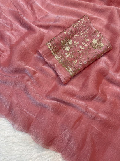 Crush Salsa Fabric Saree with Beaded Work Blouse
