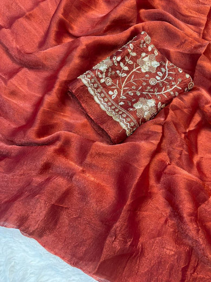 Crush Salsa Fabric Saree with Beaded Work Blouse