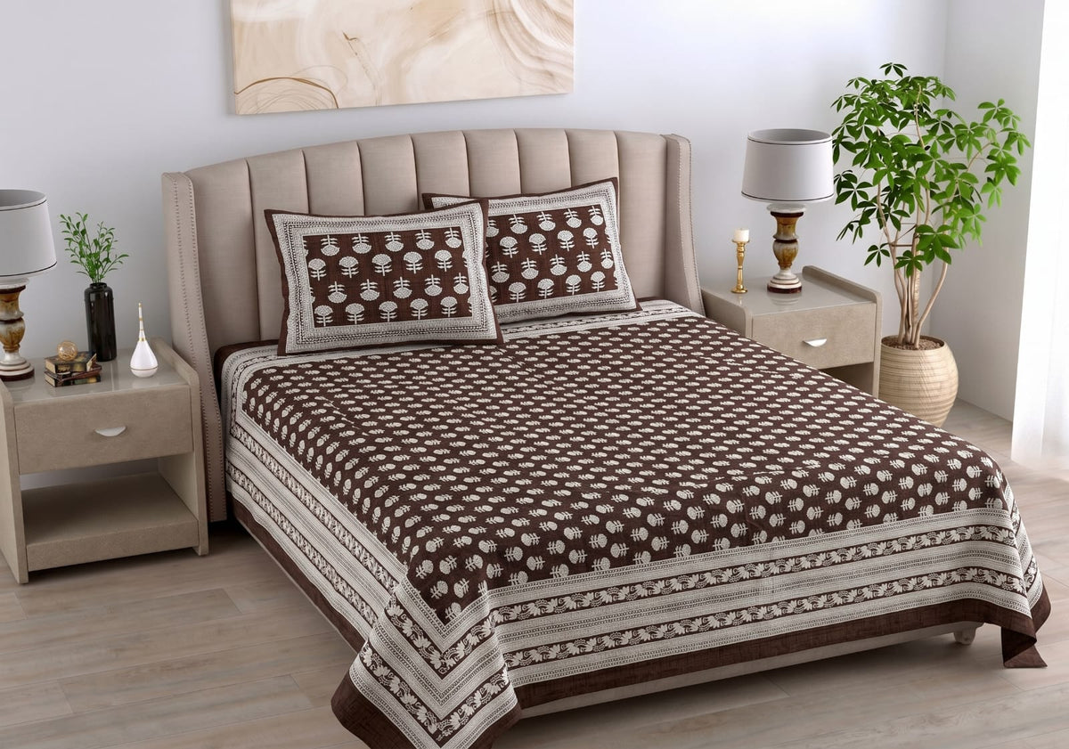 Daabu Print Cotton 300 TC Bedsheet with 2 Pillow Covers – 95×108 Inches