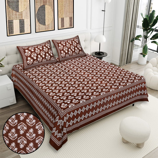 Daabu Print Cotton 300 TC Bedsheet with 2 Pillow Covers – 95×108 Inches