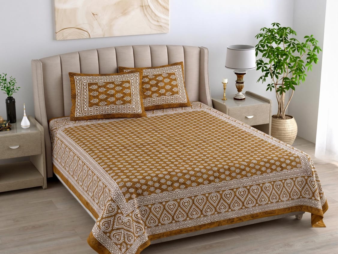 Daabu Print Cotton 300 TC Bedsheet with 2 Pillow Covers – 95×108 Inches