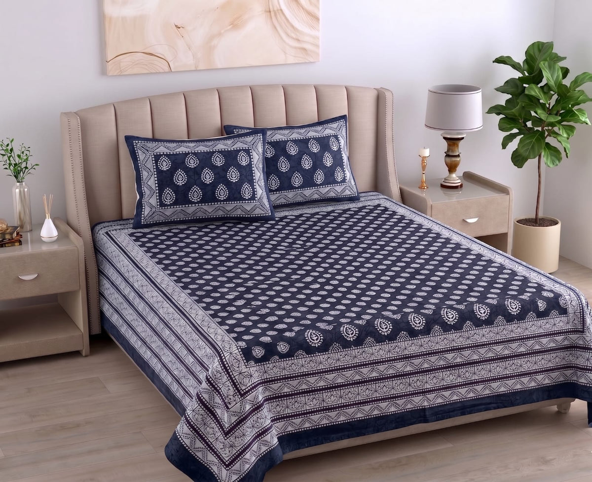 Daabu Print Cotton 300 TC Bedsheet with 2 Pillow Covers – 95×108 Inches
