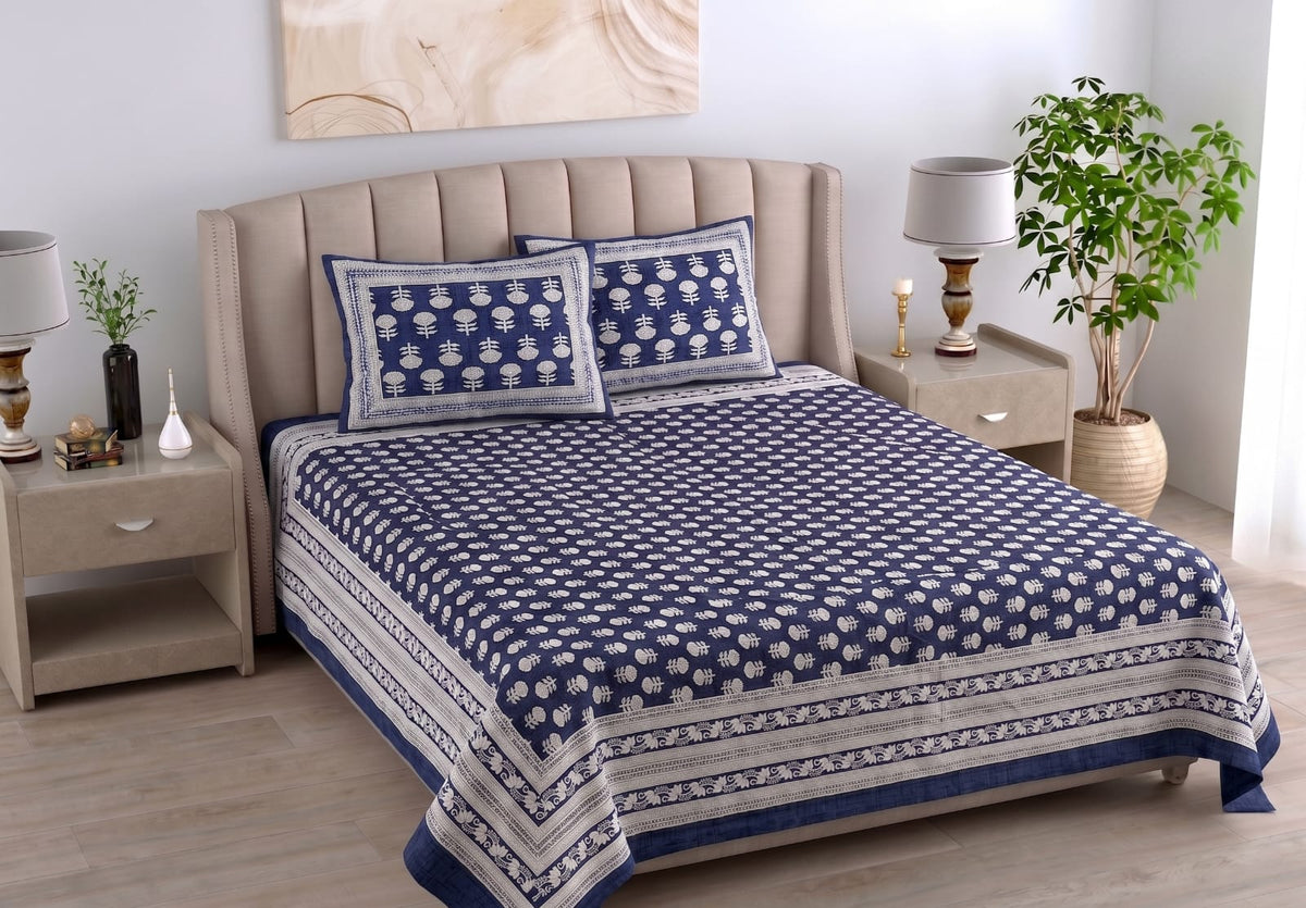 Daabu Print Cotton 300 TC Bedsheet with 2 Pillow Covers – 95×108 Inches