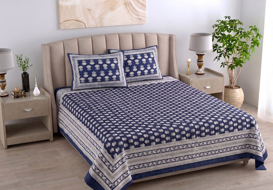 Daabu Print Cotton 300 TC Bedsheet with 2 Pillow Covers – 95×108 Inches
