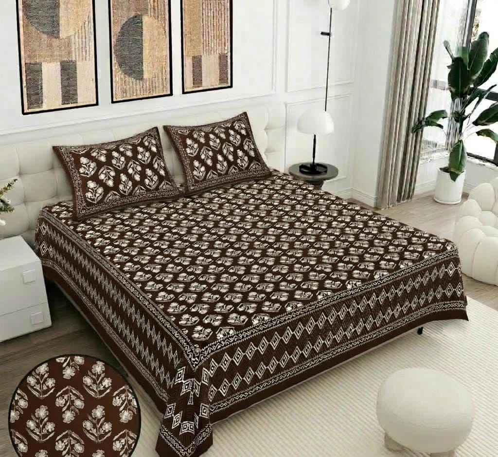 Daabu Print Cotton 300 TC Bedsheet with 2 Pillow Covers – 95×108 Inches