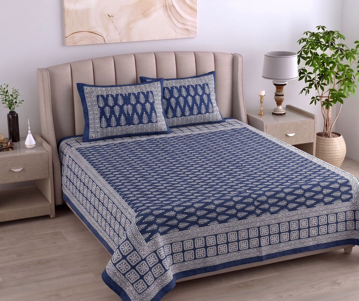 Daabu Print Cotton 300 TC Bedsheet with 2 Pillow Covers – 95×108 Inches