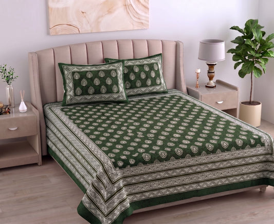 Daabu Print Cotton 300 TC Bedsheet with 2 Pillow Covers – 95×108 Inches